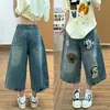 Shorts Vaqueros Cortos de Verano para Mujer con Bordado de Perro de Dibujos Animados Estilo Americano, Pierna Ancha Holgados Rectos de Longitud Media para Mujeres Petites