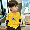 Camiseta de Manga Larga Rayada Patchwork de Dibujos Animados para Niños, Algodón Puro para Primavera y Otoño, Estilo Coreano, Holgada, Moderna, Camiseta Básica Informal para Niños