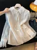 Camisa de gasa suave estilo francés con cuello camisero para mujer, patchwork de encaje de otoño, top elegante de manga larga tie-dye, moderno A14023