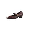 Elegantes Sapatos Mary Jane de Couro de Primeira Camada, Coleção Outono 2025, Salto Médio Robusto, Bico Fino, Couro Genuíno, Tira Única, Sapatos Femininos