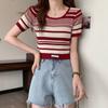 Top de Ombro Curto de Nicho Estilo Ocidental Combinável Suéter Listrado de Gola Careca Feminino Verão Fino Camiseta de Manga Curta Feminina Ins