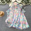 Vestido Estampado Estilo Resort Francés para Mujer, Mangas Tres Cuartos, Ceñido a la Cintura, Conjunto de Dos Piezas Adelgazante, Ropa de Trabajo Elegante de Verano con Perlas
