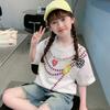 Camiseta de manga corta para niños, de verano, para niñas grandes, moderna, holgada, estampada, con cuello redondo, de manga corta