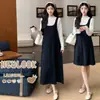 Conjunto de vestido de maternidade para o outono de 2026, novo conjunto de duas peças estilo francês, soltinho, com alças, estampa de bolinhas, para outono/inverno