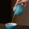 Tetera de Cerámica para el Hogar con Diseño de Ventana Floral Pintado a Mano en Azul Niebla Roja Estilo Dinastías Tang y Song, Tetera Perfecta, Juego de Té Kung Fu, Tetera Pequeña