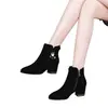 Botines cálidos para mujer con forro de polar negro, otoño e invierno, tacón grueso, punta redonda, versátiles, que realzan la altura, zapatos de algodón, botas de algodón