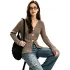 Top de punto nuevo de manga larga estilo francés, con bloques de color y cuello en V, para principios de otoño, corte ajustado, versátil, moderno, con abertura, algodón blanco