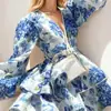 Moda Femenina Europea y Americana Transfronteriza Estilo Nuevo Otoño 2026 Vestido Sexy con Estampado, Cuello en V y Volantes