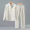 Camisa de Lino Puro de Manga Larga Primavera y Otoño para Hombre Commute Casual Todo Material de Lino Camisa Transpirable Top Estilo Chino