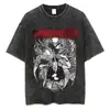 Camiseta Vintage Lavada do Anime Chainsaw Man com Gola de Marinheiro e Padrão Listrado, Camiseta Unissex Respirável e Confortável, Fabricada na China