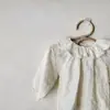 INS Primavera e Outono Menina Doce Gola com Folha de Lótus Princesa Versátil Estampa Floral Base Ondulada com Bolinhas Camisa