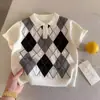 Polo de Punto Transfronterizo para Niños 2026 Verano Estilo Retro Americano a Cuadros Suéter de Punto de Manga Corta para Bebé