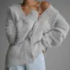 Cardigan de Tricô Imitação de Visão Cruzada para Exportação para Mulheres Estilo Preguiçoso Novo Estilo Outono e Inverno Europeu e Americano Design Solto Suéter com Decote V