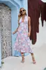Falda Larga Bohemia Popular de Verano Temu Transfronteriza Sexy Estampada de Gasa con Dobladillo Amplio Vestido con Cuello Halter Falda de Playa