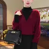 Top de moda de terciopelo térmico acanalado de 260 g, cálido para otoño, talla grande, cuello semialto, diseño de dos piezas falsas, manga murciélago