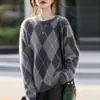 Suéter de Tricô Cashmere e Lã Gola Redonda Manga Longa Padrão Diamante Bloco de Cores Lã Escovada Top para Mulheres Outono/Inverno 2026