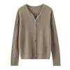 Novo suéter de cashmere 100% puro para outono e inverno para mulheres, malha de cor sólida de gola V de abotoamento simples, suéter quente