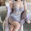 Pijama Guiruo Caliente de Cuello en V Profundo con Almohadilla en el Pecho Malla Dulce Transparente Terciopelo Puro Bata de Noche Traje para Mujer 4769