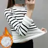 Camiseta de manga larga de moda cálida con forro polar para mujer, ropa de otoño e invierno, estación europea, nueva camisa informal a rayas gruesas, al por mayor