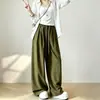Pantalones casuales de nuevo estilo, holgados, adelgazantes y versátiles, con pierna curva, diseño simple y moderno de cintura alta con cordón, pantalones de pierna ancha de lino sintético