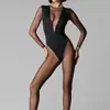 Verano Transfronterizo Nuevo Estilo Europeo y Americano Malla Empalmada Sexy Chica Caliente Color Sólido Ropa de Yoga Manga Larga Ajustado Mono Venta al Por Mayor