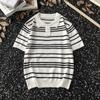 Camiseta listrada de contraste de alta qualidade de manga curta masculina fina casual com lapela de manga média verão nova camisa polo