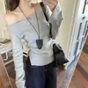 Top de punto de manga larga sin hombros para mujer, suéter de punto sin hombros para principios de otoño, top corto chic dulce y picante, gris talla única de algodón