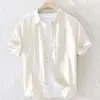 Camisa de linho de verão homens manga curta fina solta respirável linho de algodão branco meia manga casual cor sólida camisa masculina cs