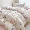 Conjunto de quatro peças 100% algodão puro Classe A para dormir sem roupa, estilo ins, fresco e fofo, algodão lavado, cartoon, conjunto de três peças para dormitório, conjunto de quatro peças estilo lençol com elástico