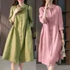 2025 Novo Verão Estilo Coreano Solto Cor Lisa Algodão e Linho Manga Três Quartos Vestido Feminino Comprimento Médio Vestido Camisa 9887 #
