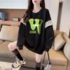 Sudadera con Diseño de Costuras Otoño e Invierno Letras Ins Simples Estampado Polar Grueso Ajustada Cuello Redondo para Mujer