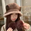 Sombrero de Pescador Estilo Coreano Orejitas Dulces Bloque de Color Cálido Versátil Estilo Ins Pompón Protección Auditiva Resistente al Viento para Mujer