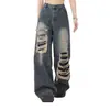 Jeans rotos de diseño retro de alta costura de nicho estilo americano para hombre, pantalones de otoño de cintura alta, holgados, estilo callejero, largos hasta el suelo