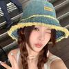 Chapéu de Pescador Jeans Lavado Borda Crua Etiqueta com Padrão de Madeira Retrô Chapéu de Proteção Solar para Viagem ao Ar Livre Primavera e Verão Chapéu Pequeno de Bacia que Mostra o Rosto