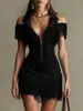2026 Nuevo Vestido Transfronterizo Y2K Retro Americano de Gamuza con Borlas Hombros Descubiertos Estilo Occidental Vestido Corto Ceñido a la Cintura para Chica Popular