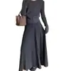 Camiseta base de punto con cuello redondo y efecto reductor de cintura, estilo coreano transfronterizo para mujer, conjunto completo elegante con top y falda larga plisada