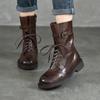 [Preço do Evento 270] Botas Martin com Cadarço de Couro de Bezerro de Primeira Camada para Mulheres, Botas de Cano Médio com Salto Médio, Botas Femininas de Couro Genuíno