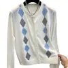 Cárdigan de punto con cuello redondo, patrón de rombos, de lino y seda de hielo para mujer, nuevo estilo primavera/otoño 2026, chaqueta suéter ligera para figuras petite
