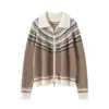 Jaqueta Suéter Tricotada Caxemira Cardigã de Caxemira Feminino Combinação de Cores Casual Gola Lapela Simples Novo Retrô Puro