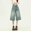 Jeans feminino de verão novo, modelagem solta, afina a silhueta, perna larga, comprimento cropped, com design de cachorrinho bordado
