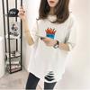 Camiseta de verano D140 de manga corta para mujer, nueva camiseta blanca holgada de manga corta con rotos de estilo coreano, camiseta de mujer de largo medio