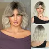 Peluca Europea y Americana de Estilo Transfronterizo para Mujer, Cabello Corto Ondulado Degradado Platino con Flequillo, Peluca Corta Sintética Resistente al Calor, 12 Pulgadas