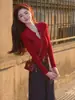 Tricô vermelho com gola estilo francês para mulheres, nova coleção de outono, super estiloso, jovial e que afina, peça básica