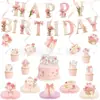 Conjunto de Decoração de Topper de Bolo Floral Popular Transfronteiriço com Laço para Cerimônia de Maioridade de Meninas, Festa, Conjunto de Banner de Aniversário