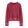 Suéter de cachemira 100% pura para otoño e invierno para mujer, cárdigan de punto jacquard con cuello redondo, manga larga, abrigo superior con diseño de bloques de color