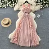 Vestido de malla estilo resort francés con cuello halter para mujer, verano romántico sin mangas con volantes, elegante y estilizado, largo