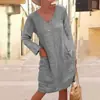 Estación independiente de eBay europea y americana Amazon primavera y verano holgado color liso bolsillo manga larga cuello en V algodón y lino vestido ropa de mujer