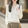 Cardigã de lã fina com acabamento em renda solúvel em água, casaco romântico e elegante, top versátil para outono e inverno