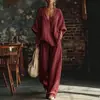 Conjunto de dos piezas de moda casual transfronteriza europea y americana para mujer, color liso, cuello en V, holgado, manga corta, pantalones largos casuales