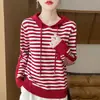 Suéter casual de punto a rayas con capucha estilo retro francés para mujer, nueva colección de otoño, top holgado y moderno A13771